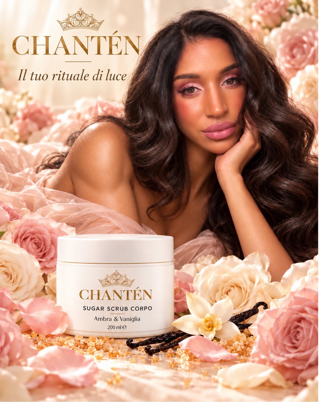 Donna tra rose rosa e crema con il vasetto di scrub CHANTÉN